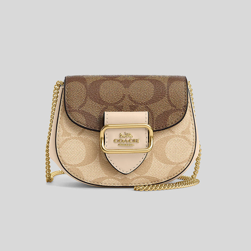 Coach Morgan Card Case On A Chain In Blocked Signature Canvas Light Khaki/Ivory Multi CJ541