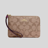 Coach Corner Zip Wristlet In Signature Canvas Khaki/Deep Berry CK358