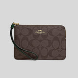 Coach Corner Zip Wristlet In Signature Canvas Brown/Dark Pine CK358