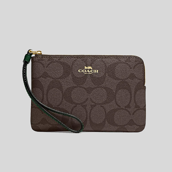 Coach Corner Zip Wristlet In Signature Canvas Brown/Dark Pine CK358