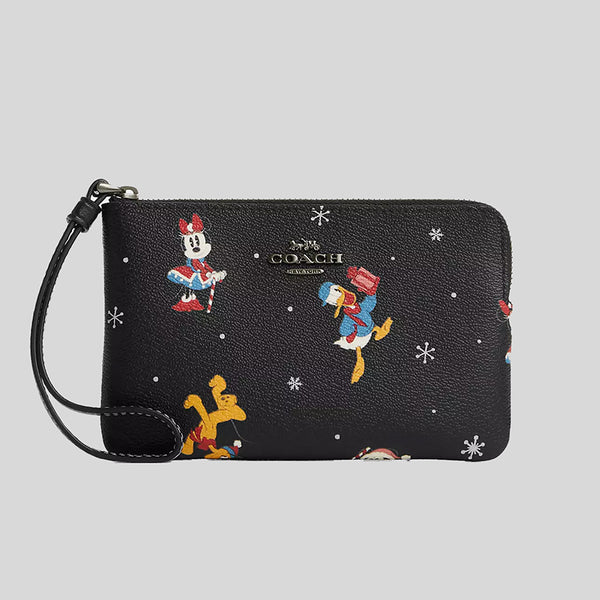 COACH Disney X Coach Corner Zip Wristlet With Holiday Print Black