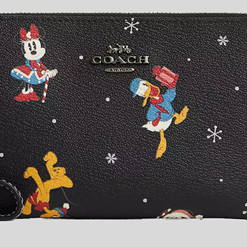 COACH Disney X Coach Corner Zip Wristlet With Holiday Print Black