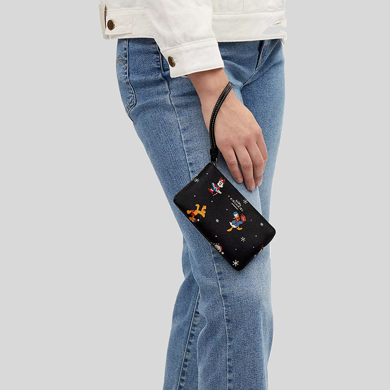 COACH Disney X Coach Corner Zip Wristlet With Holiday Print Black Multi CN031