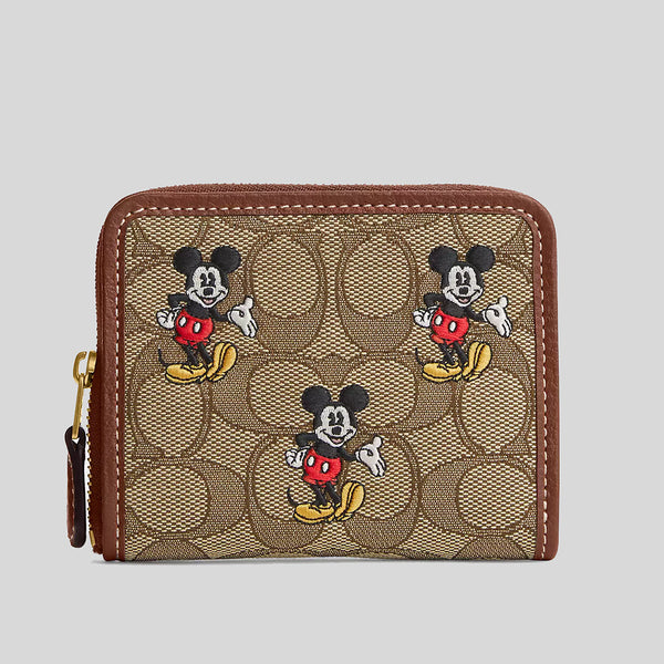 Coach Disney X Coach Small Zip Around Wallet In Signature Jacquard With Mickey Mouse Print Khaki/Redwood Multi CN035