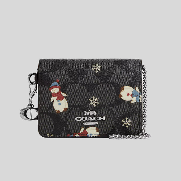 Coach Boxed Mini Wallet On A Chain In Signature Canvas With Snowman Print CN047