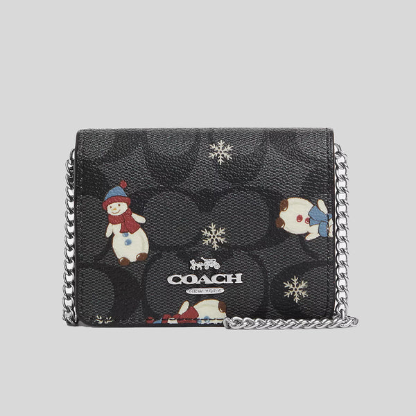 COACH Boxed Mini Wallet On A Chain In Signature Canvas With Snowman Print CN047