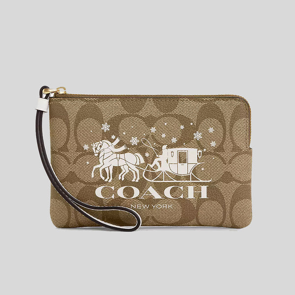 Coach Corner Zip Wristlet In Signature Canvas With Horse And Sleigh Khaki/Chalk CN755