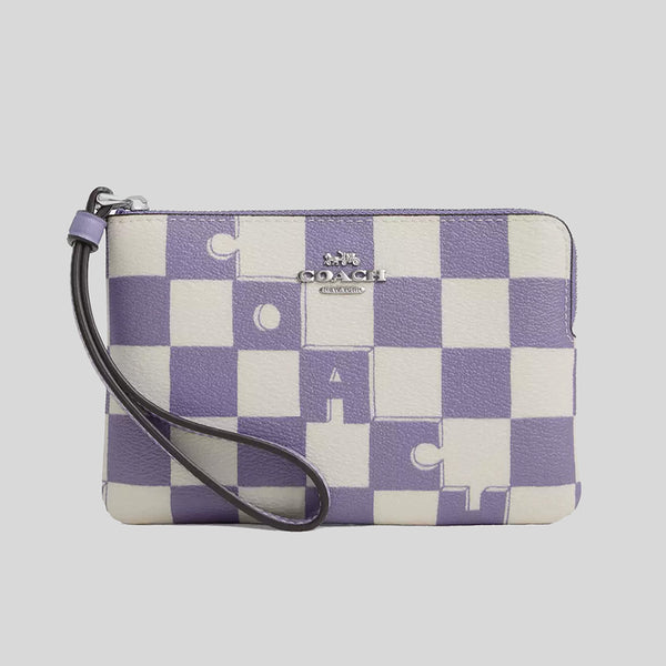 COACH Corner Zip Wristlet With Checkerboard Print Light Violet/Chalk CR813
