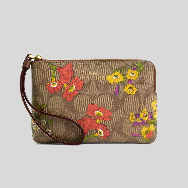 COACH Corner Zip Wristlet In Signature Canvas With Floral Print CR814