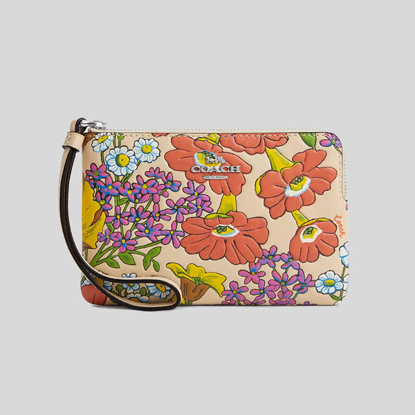 COACH Corner Zip Wristlet In Signature Canvas With Floral Print CR946