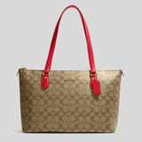 Coach Gallery Tote In Signature Canvas Khaki Electric Red CH504