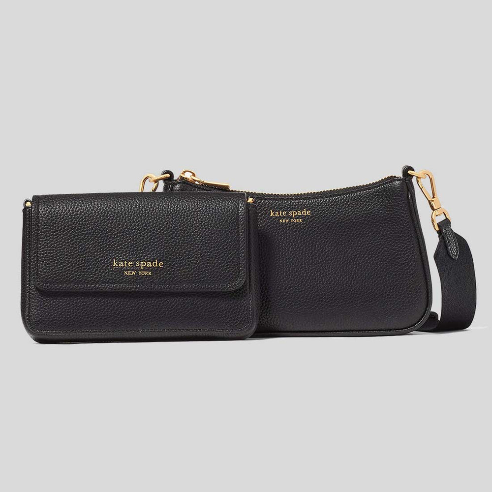 KATE SPADE Double Up Pebbled Leather Crossbody Bag Black KD648