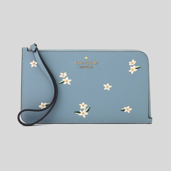 Kate Spade Lucy Floral Embroidered Medium L-Zip Wristlet Polished Blue KD903