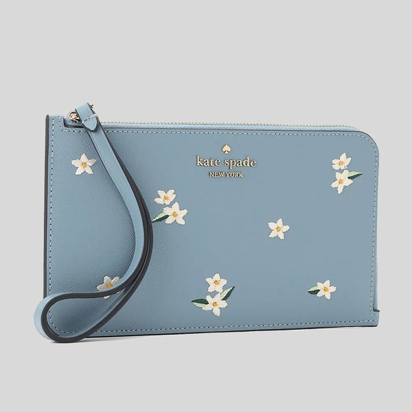 Kate Spade Lucy Floral Embroidered Medium L-Zip Wristlet Polished Blue KD903