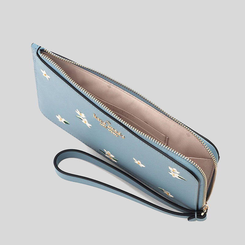 Kate Spade Lucy Floral Embroidered Medium L-Zip Wristlet Polished Blue KD903
