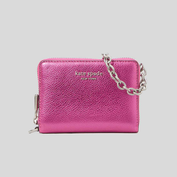 KATE SPADE Natasha Metallic Pebbled Leather Chain Compact Wristlet Bikini Pink KI722