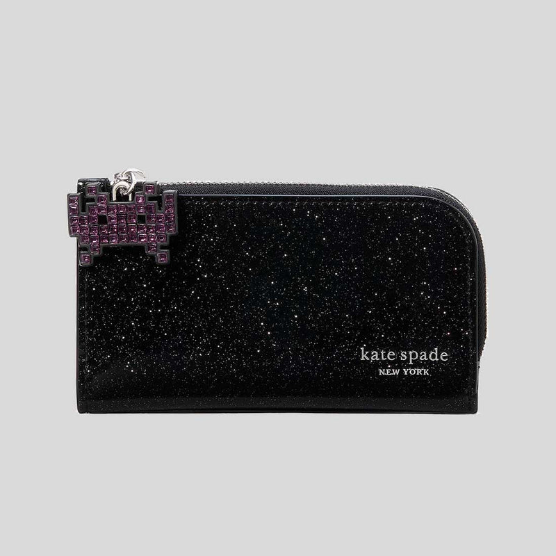 KATE SPADE Space Invaders X Kate Spade New York Glitter Patent Small Slim Bifold Wallet Black Multi KI755