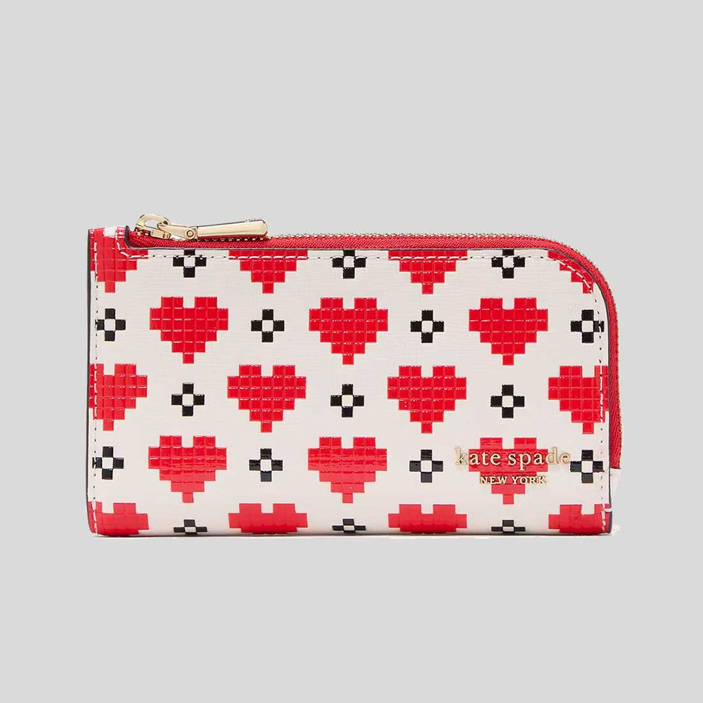 KATE SPADE Devin Pixel Hearts Small Slim Bifold Wallet Cream Multi KJ8