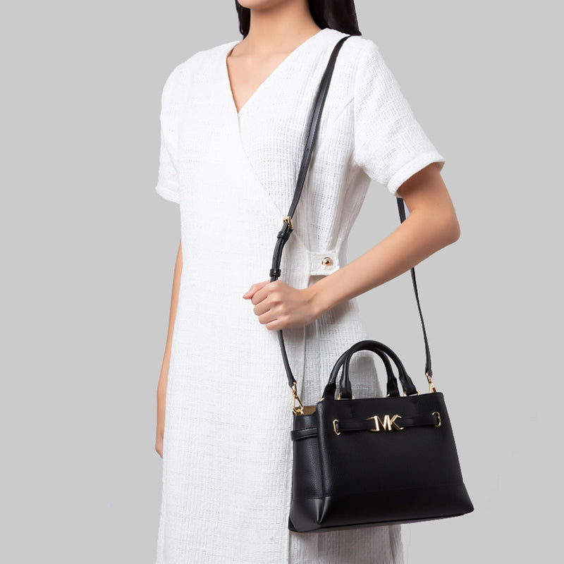 MICHAEL KORS Reed Small Two Tone Pebbled Leather Belted Satchel Black LussoCitta