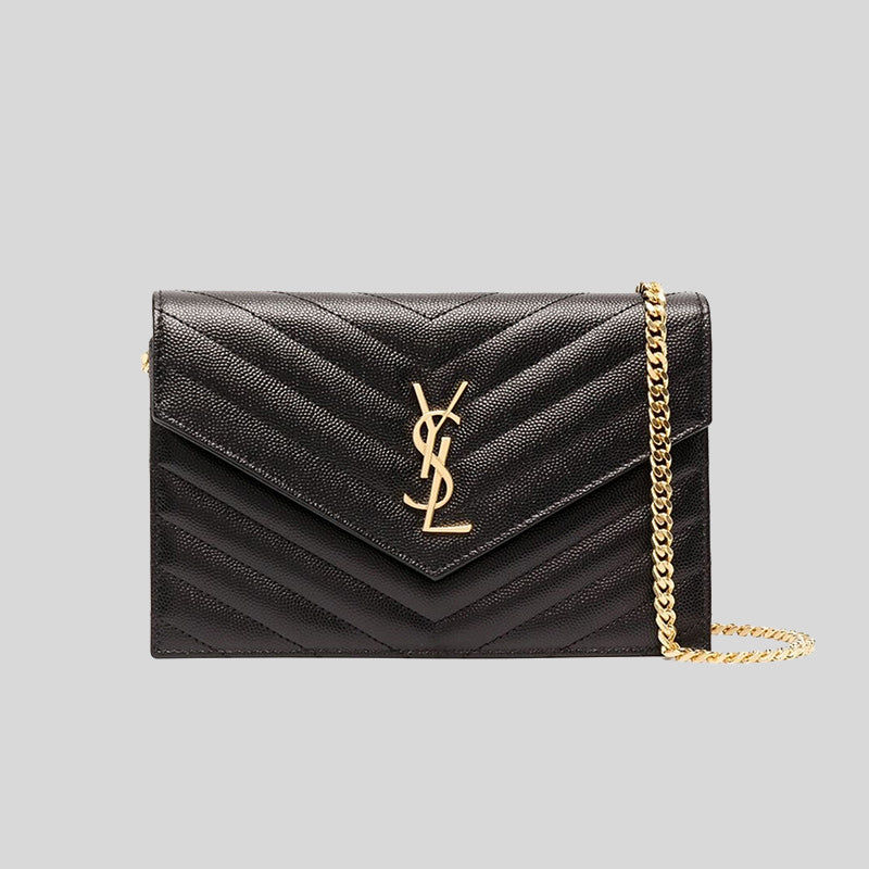 YVES SAINT LAURENT YSL Matelasse Envelope Chain Wallet In Grain De Poudre Embossed Leather Black 742920 lussocitta lusso citta