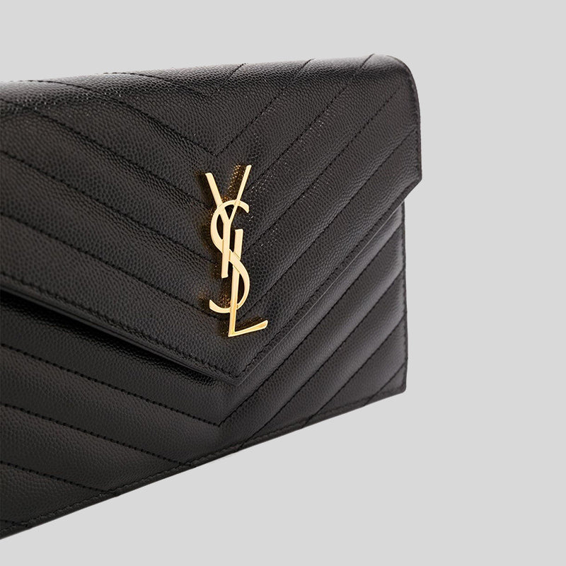 SAINT LAURENT YSL Matelasse Envelope Chain Wallet In Grain De Poudre Embossed Leather Black 742920BOW01