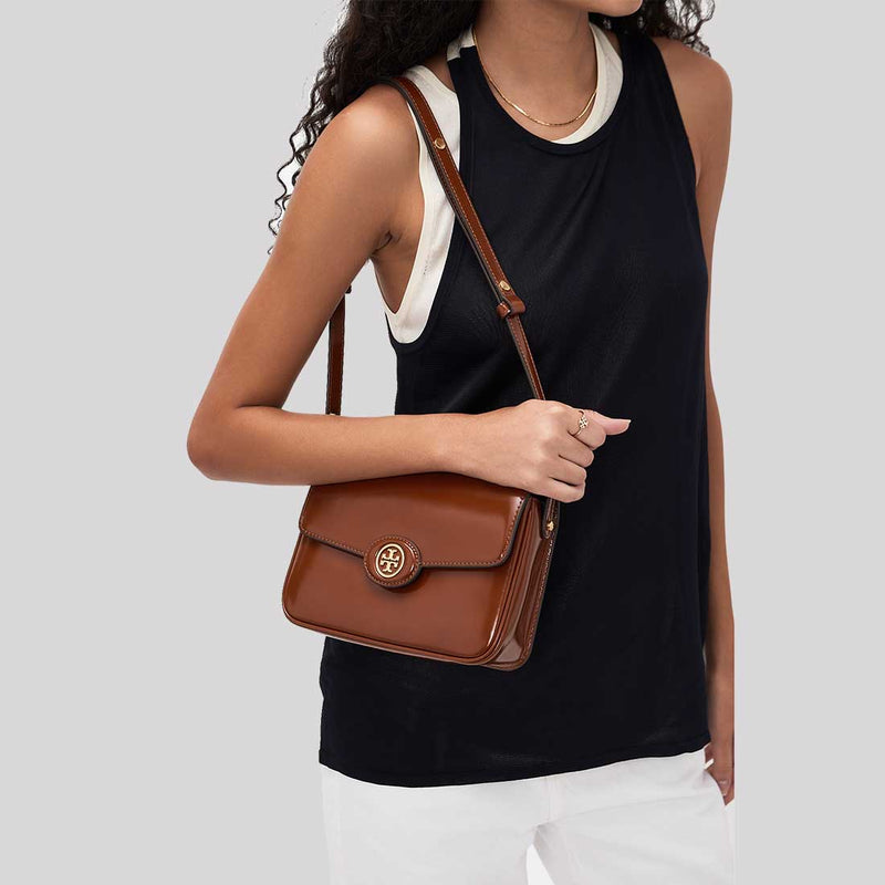 TORY BURCH Robinson Spazzolato Convertible Shoulder Bag Dark Sienna 143122