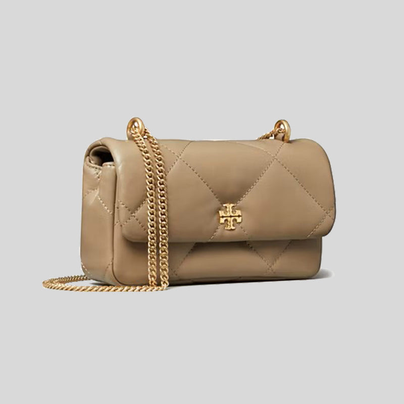 TORY BURCH Mini Kira Diamond Quilt Flap Bag Taupe Oak 154710