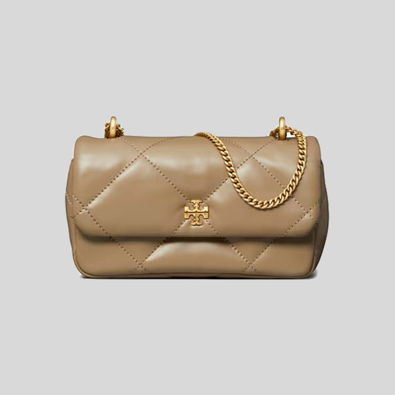TORY BURCH Mini Kira Diamond Quilt Flap Bag Taupe Oak 154710