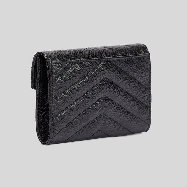 SAINT LAURENT YSL Cassandre Matelasse Small Envelope Wallet In Grain De Poudre Embossed Leather Black/Silver 414404BOW02