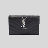 SAINT LAURENT YSL Cassandre Matelasse Small Envelope Wallet In Grain De Poudre Embossed Leather Black/Silver 414404BOW02
