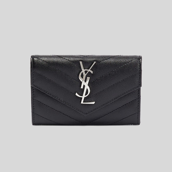SAINT LAURENT YSL Cassandre Matelasse Small Envelope Wallet In Grain De Poudre Embossed Leather Black/Silver 414404BOW02