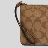 Coach Large Corner Zip Wristlet In Signature Canvas Khaki Saddle 6648