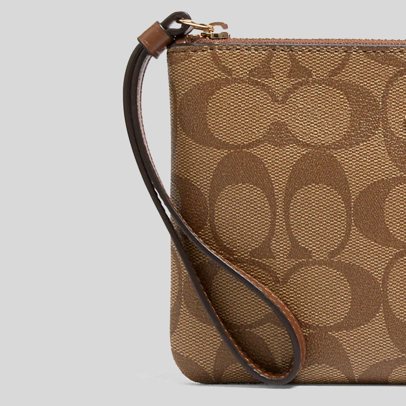 Coach Large Corner Zip Wristlet In Signature Canvas Khaki Saddle 6648