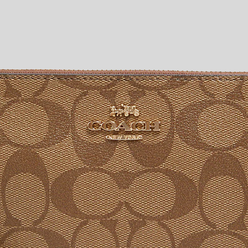 Coach Large Corner Zip Wristlet In Signature Canvas Khaki Saddle 6648