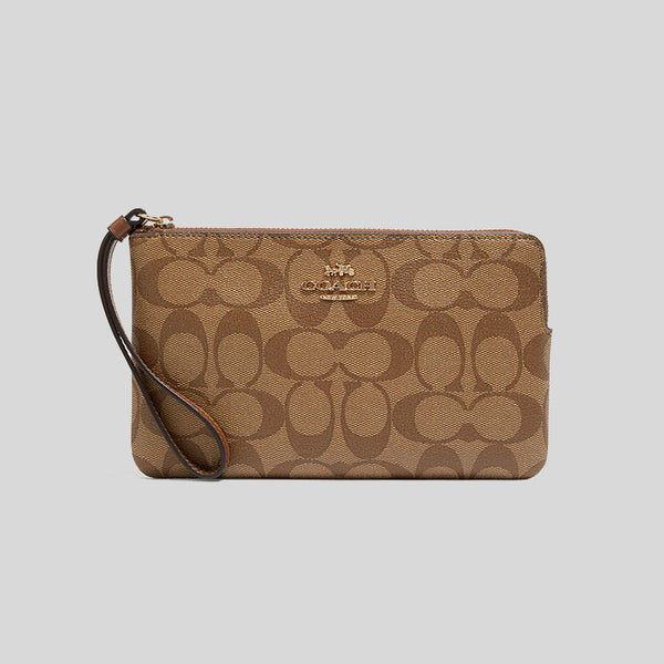 Coach Large Corner Zip Wristlet In Signature Canvas Khaki Saddle