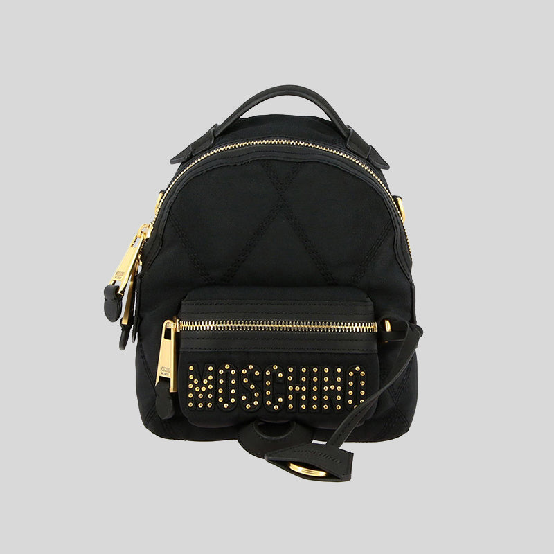 Moschino Couture Mini Backpack In Quilted Nylon With Studs Logo Black B7614 lussocitta lusso citta