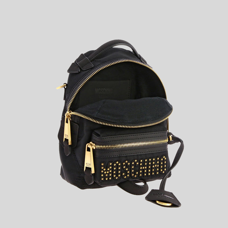 Moschino Couture Mini Backpack In Quilted Nylon With Studs Logo Black B7614