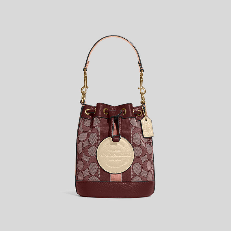 Coach Mini Dempsey Bucket Bag In Signature Jacquard With Stripe And Coach Patch Wine C8322 lussocitta lusso citta