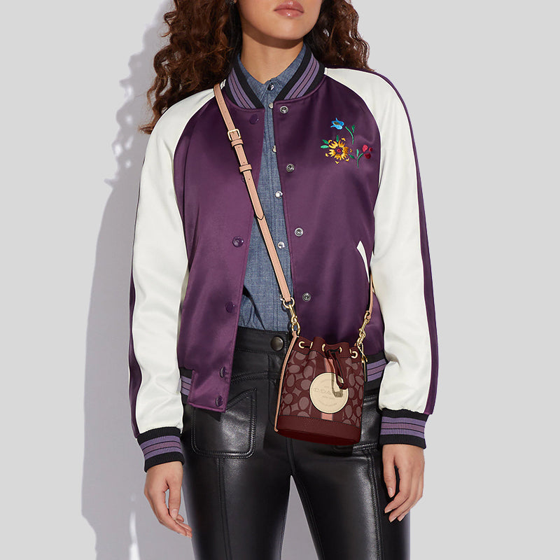 Coach Mini Dempsey Bucket Bag In Signature Jacquard With Stripe And Coach Patch Wine C8322