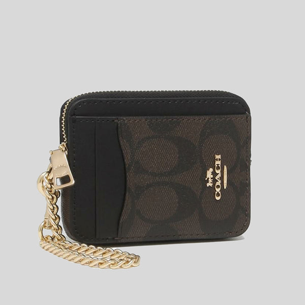 COACH Zip Card Case In Signature Canvas Brown Black C0058