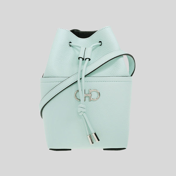 Salvatore Ferragamo Women's Mini Bucket In Calf Leather Bag Ghiacciaio Blue 756961 lussocitta lusso citta