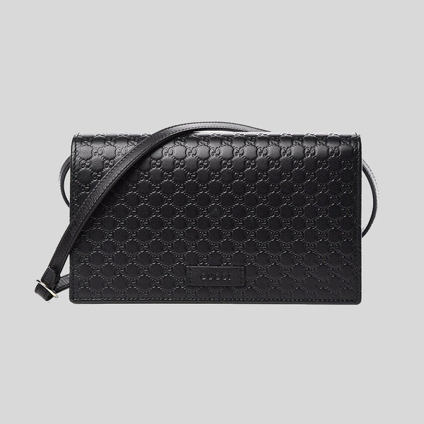 GUCCI Unisex Black Microguccissima GG Logo Leather Wallet On Strap Small Crossbody With Leather Logo Tab Black 466507 lussocitta lusso citta