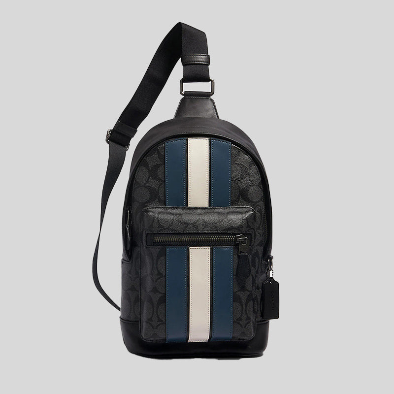 Coach West Pack In Signature Canvas With Varsity Stripe 2999 Charcoal Denim Chalk