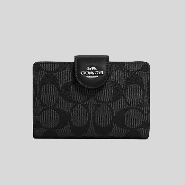 Coach Medium Corner Zip Wallet In Signature Canvas Graphite Black C0082