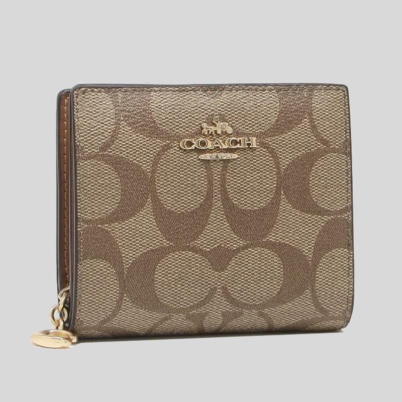 Coach Snap Wallet In Signature Canvas Khaki Redwood C3309