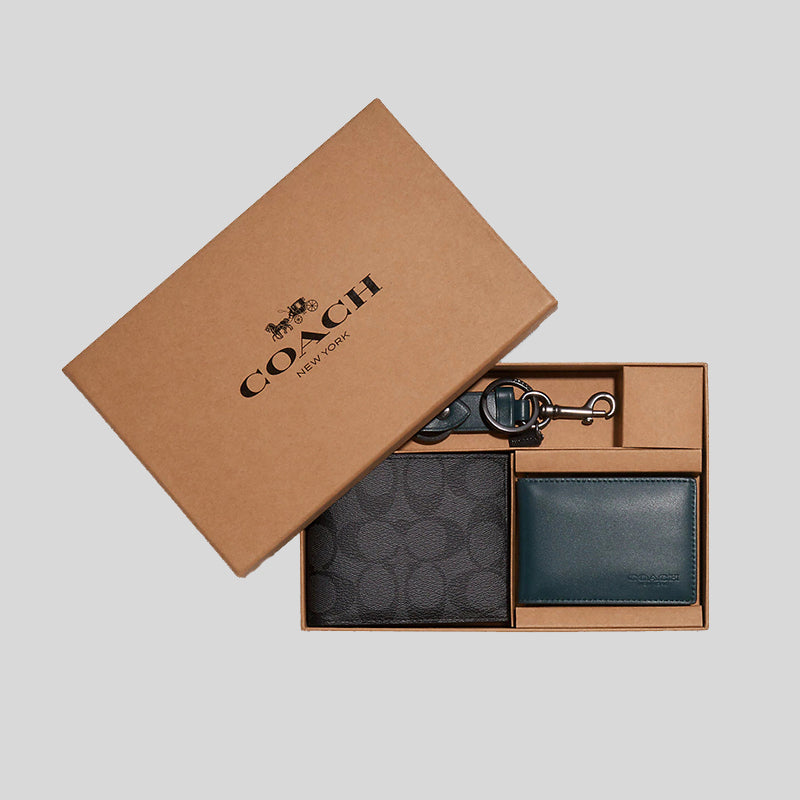 Coach Boxed 3 In 1 Wallet Gift Set In Colorblock Signature Canvas C6790 Charcoal Forest