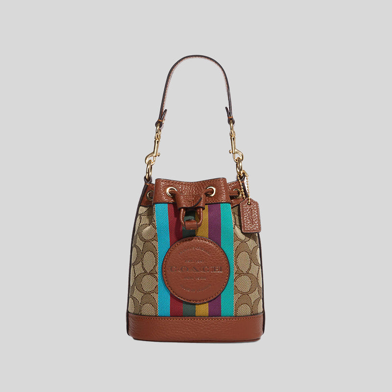 Coach Mini Dempsey Bucket Bag In Signature Jacquard With Stripe And Coach Patch Khaki Multi CC318