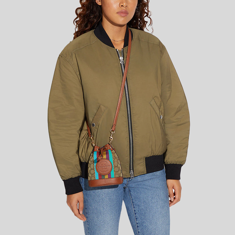 Coach Mini Dempsey Bucket Bag In Signature Jacquard With Stripe And Coach Patch Khaki Multi CC318