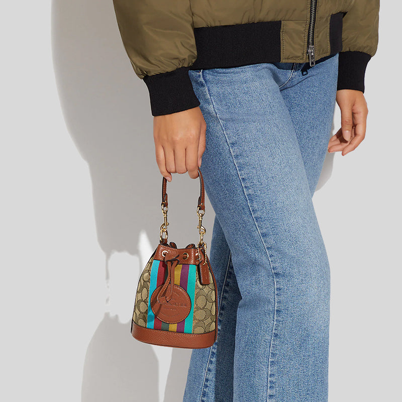 Coach Mini Dempsey Bucket Bag In Signature Jacquard With Stripe And Coach Patch Khaki Multi CC318