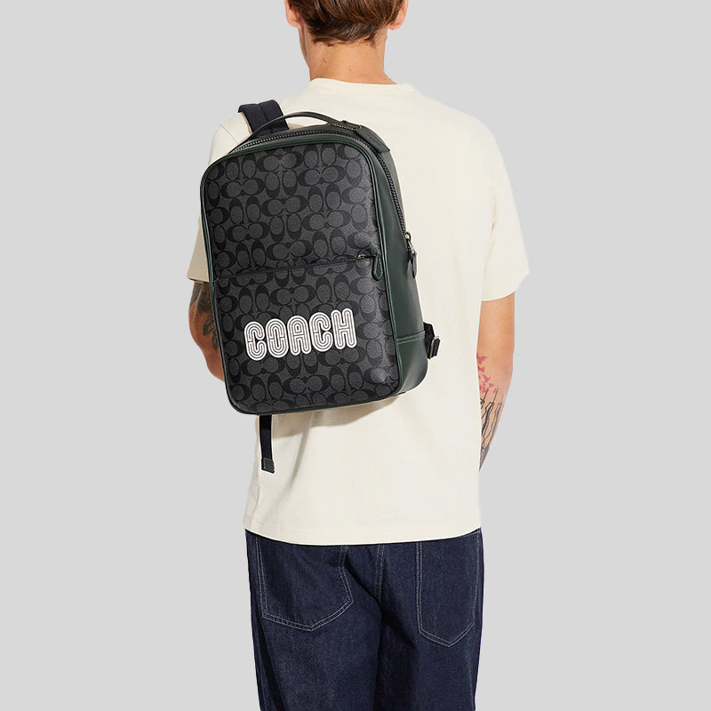 Coach Westway Backpack In Colorblock Signature Canvas With Coach Patch Charcoal Amazon Green CE489
